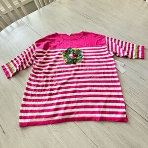 New CABANA CAY Women’s Plus Size Pink White Stripe Tropical Flamingo 3/4 Slv 2X